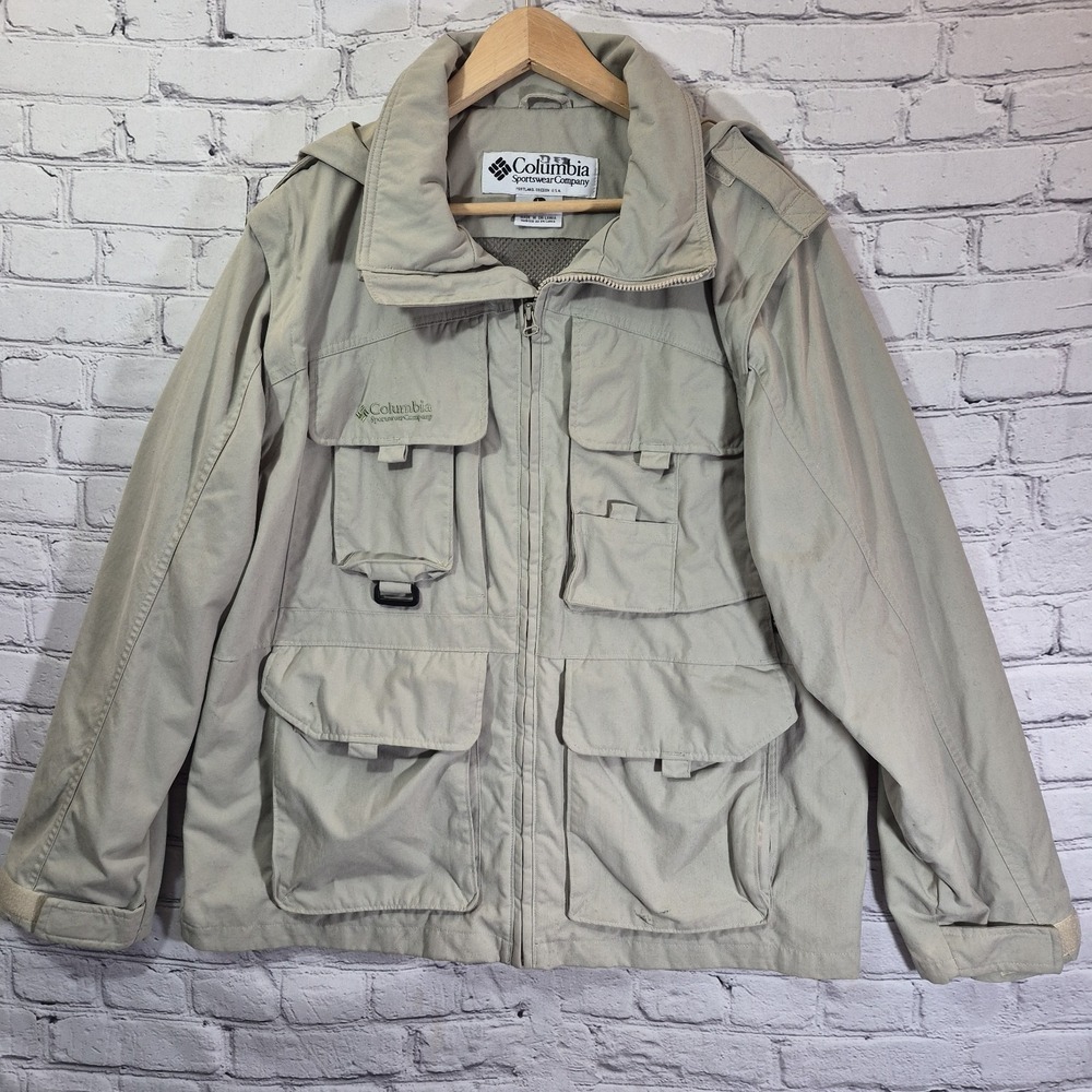 Columbia GRT Convertable Khaki Cargo Jacket Mens L Hood Packable Utility Outdoor